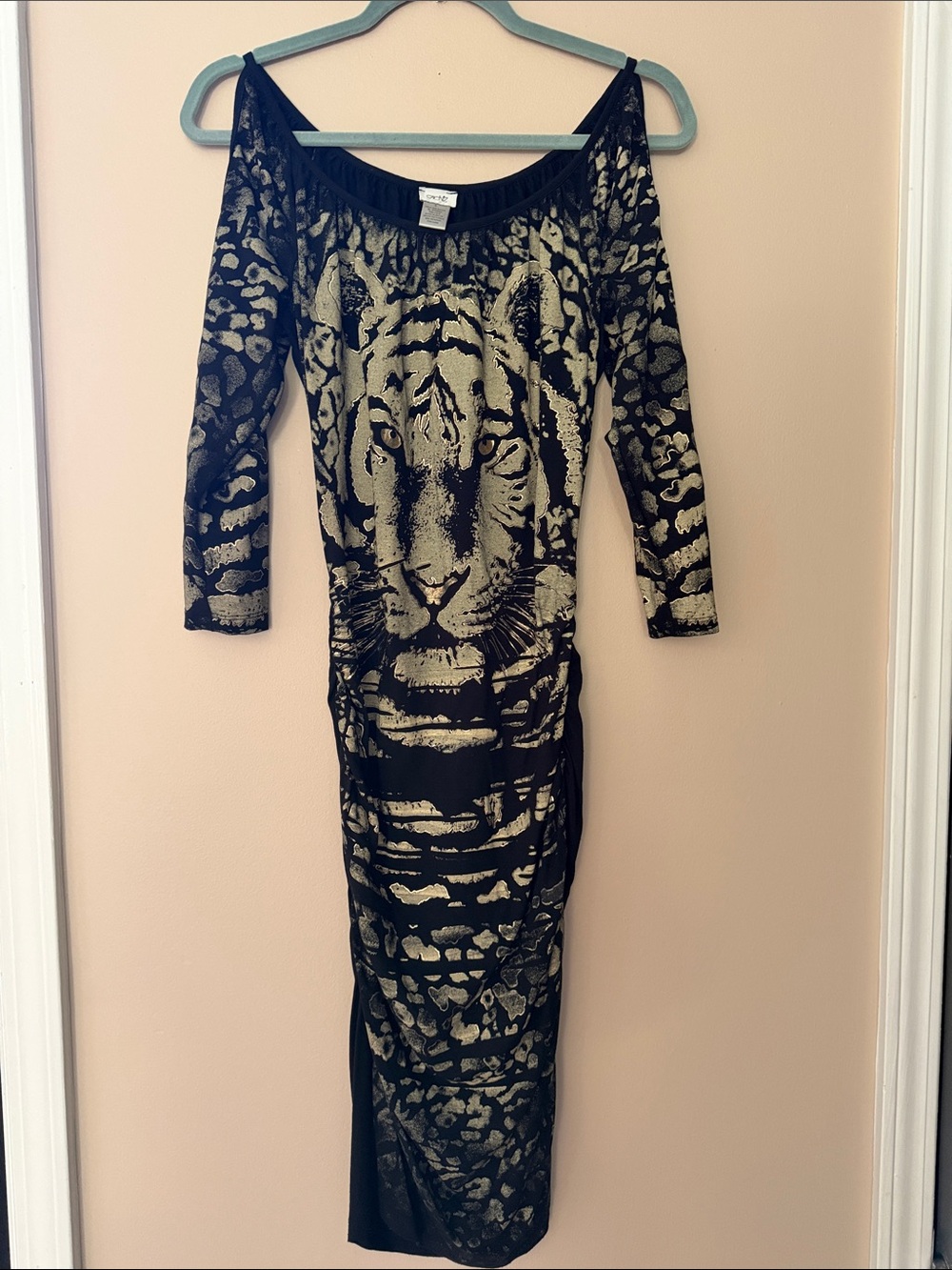 Cache Black and Gold Tiger-Print Long Sleeve Dress